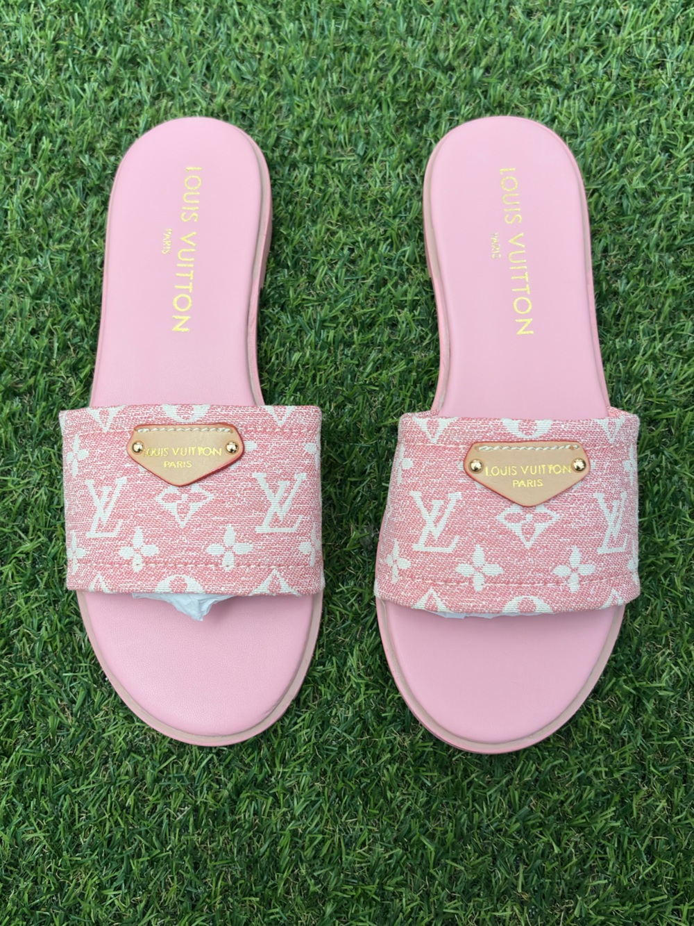 Louis Vuitton Pink Monogram Canvas Slide Sandals with Gold Plaque